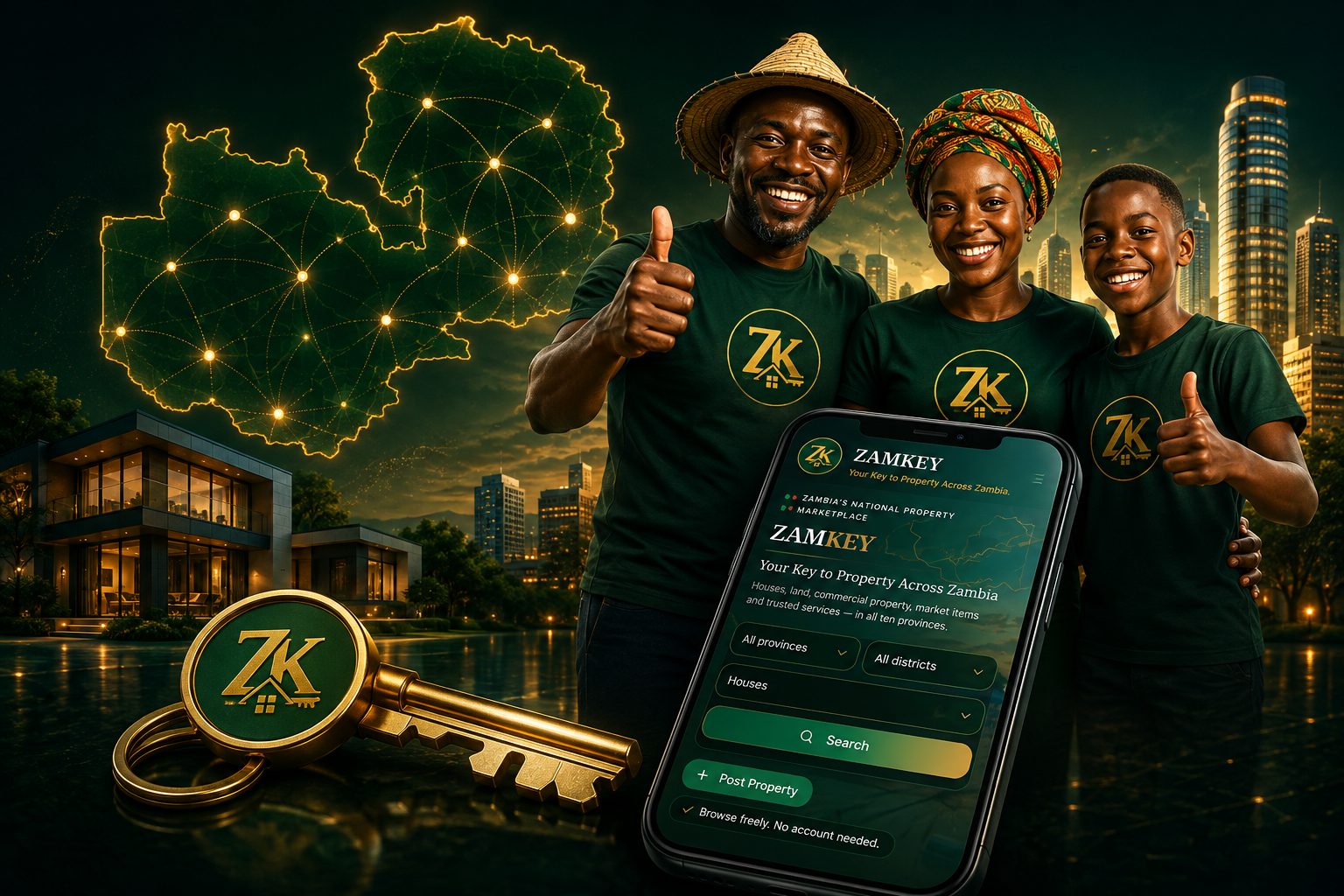 ZAMKEY PROPERTIES promotional banner — Zambian family with a gold key, smartphone and map of Zambia